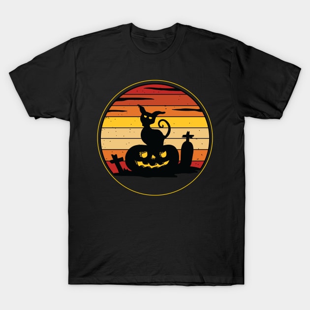 Halloween Cat in Graveyard Jack o Lantern Retro Sunset T-Shirt by CoffeeandTeas